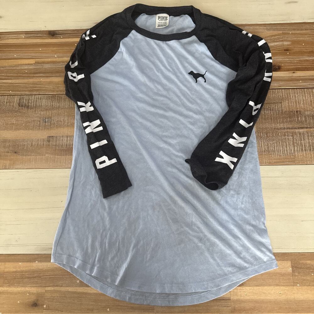 VICTORIA’S SECRET PINK LONG SLEEVE BASEBALL RAGLAN T-SHIRT SHIRT BLUE LOGO S